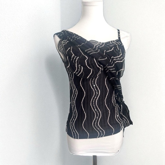 Vintage Tops - Y2K Ruched Mesh Top — Asymmetrical Drape & Sheer Waves sequins sparkly XS/S goth